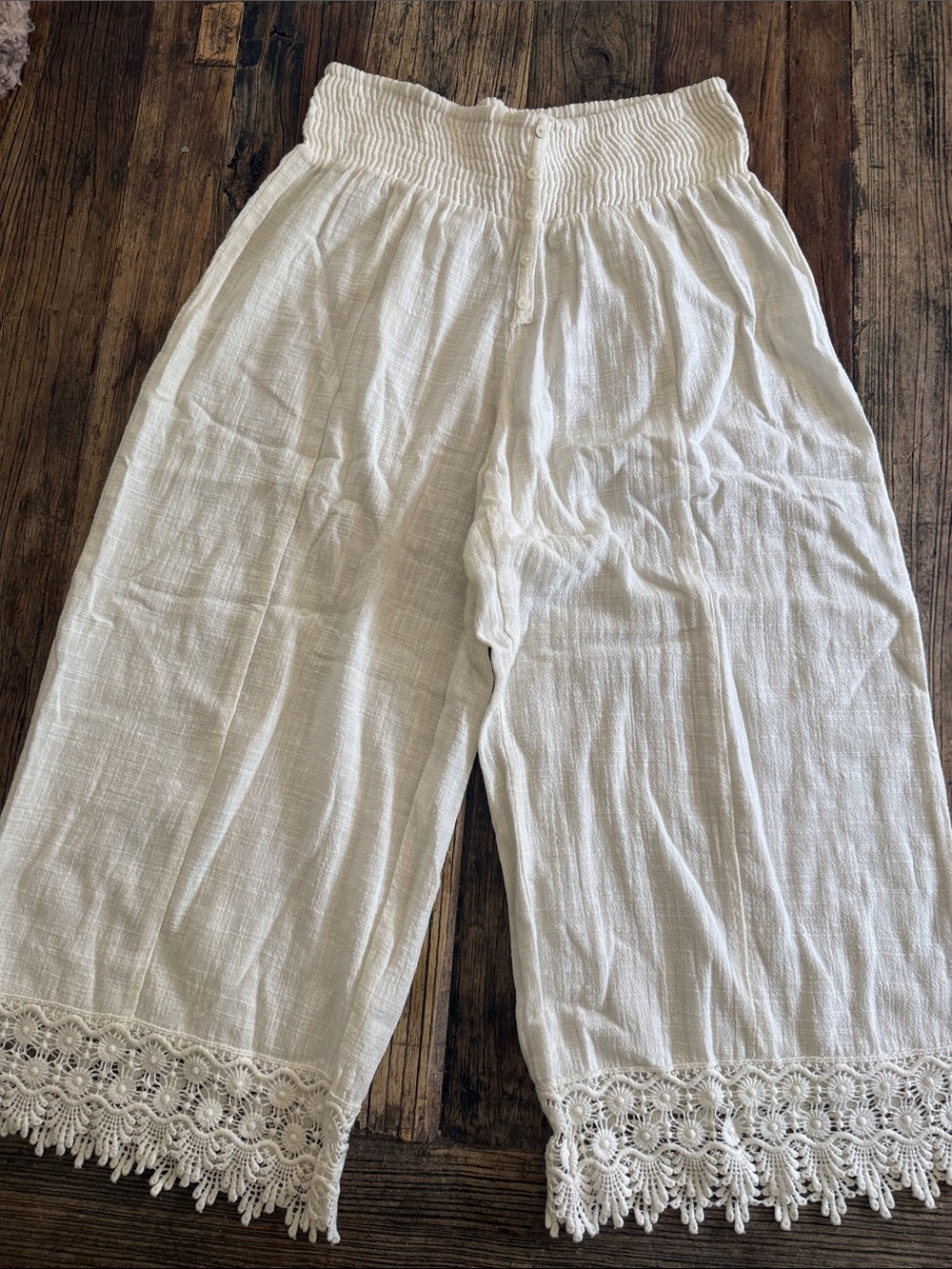 Zara White Button-Front Crochet-Hem Wide Pants